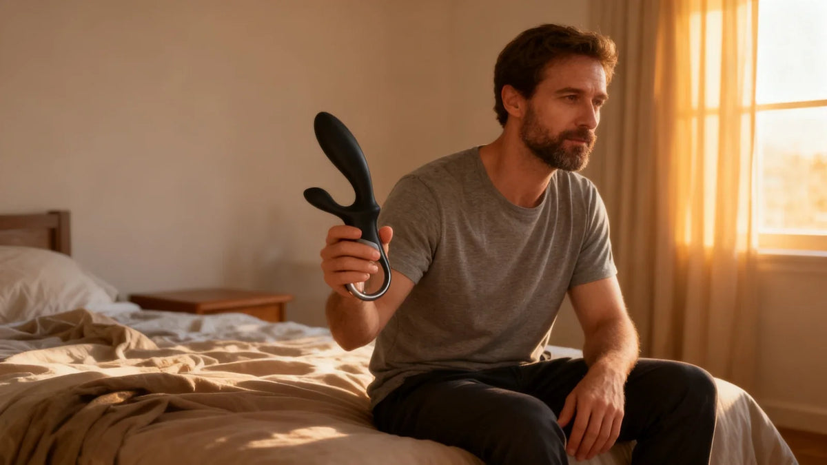 Homme assis au bord de son lit, tenant en main un stimulateur prostatique noir à tête incurvée