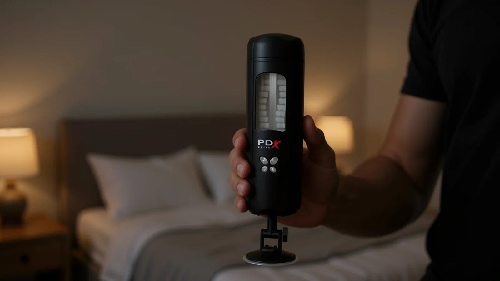 Homme tenant une vaginette automatique dans une chambre