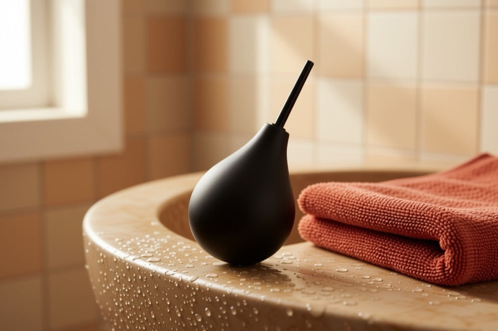 Poire à lavement posée au bord d'une vasque de salle de bain