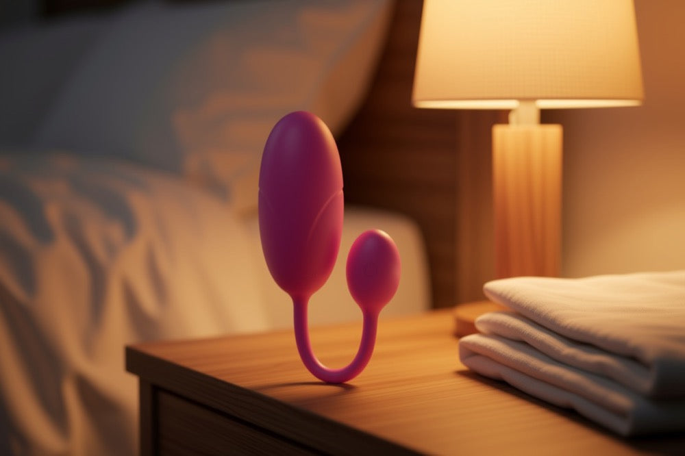 Œuf vibrant connecté posé sur une table de chevet, près d'une lampe allumée