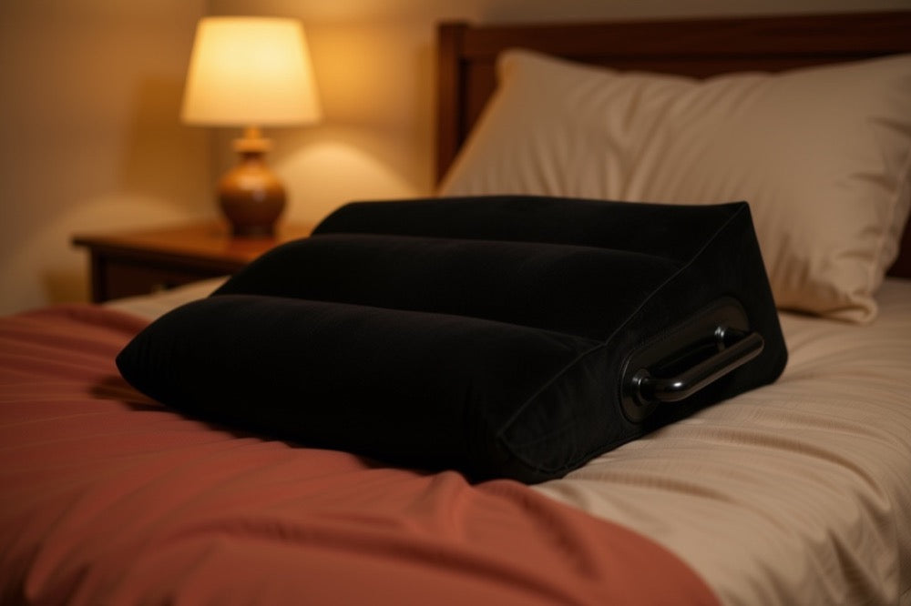 Coussin de position posé sur un lit défait, lumière chaude de chevet
