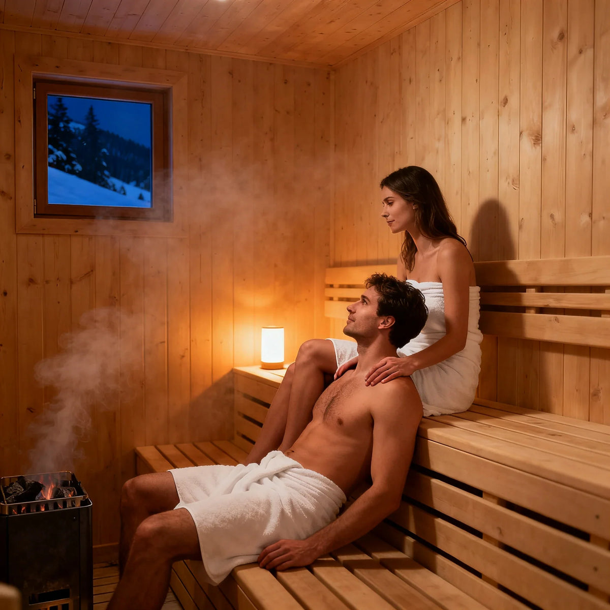 Un couple assis dans le sauna en bois d'un chalet, serviettes blanches, la fenêtre donnant sur une nuit enneigée