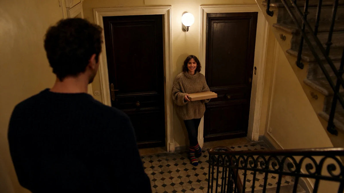 Une femme en pull tricoté adossée au montant de sa porte, un colis plat à la main, face à un homme de dos sur le palier d'un immeuble ancien