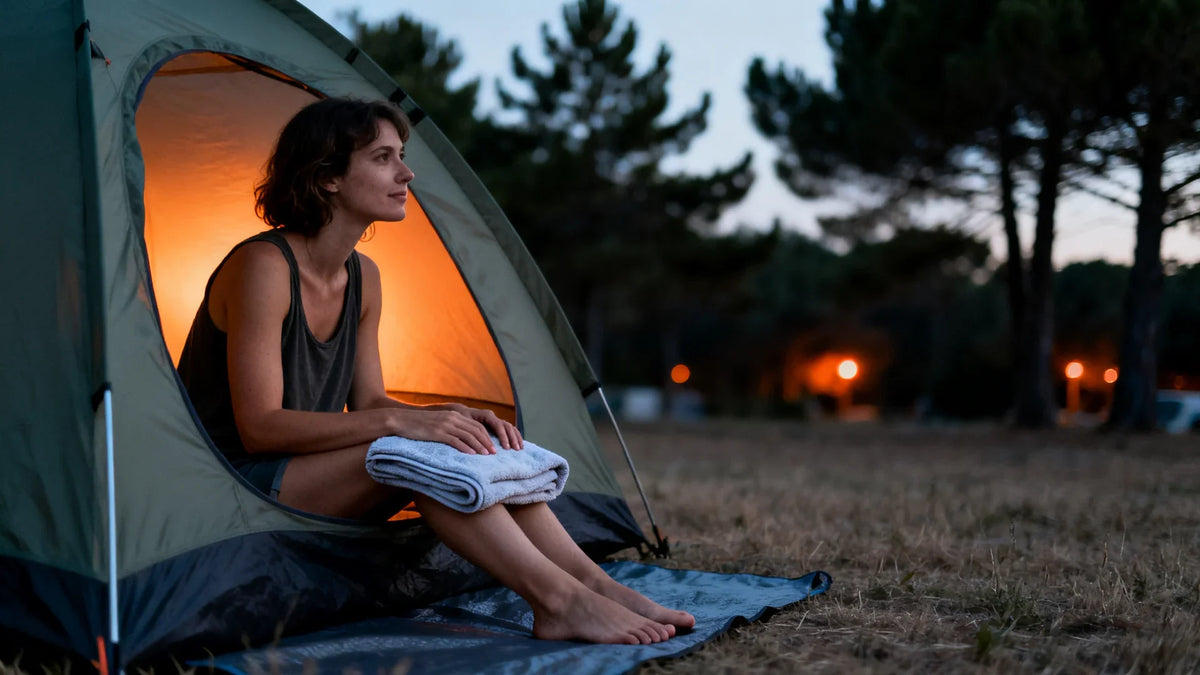 Une femme seule assise à l'entrée d'une tente éclairée de l'intérieur à la tombée du soir, une serviette pliée sur les genoux, pieds nus sur le tapis de sol, le terrain de camping sombre devant elle.