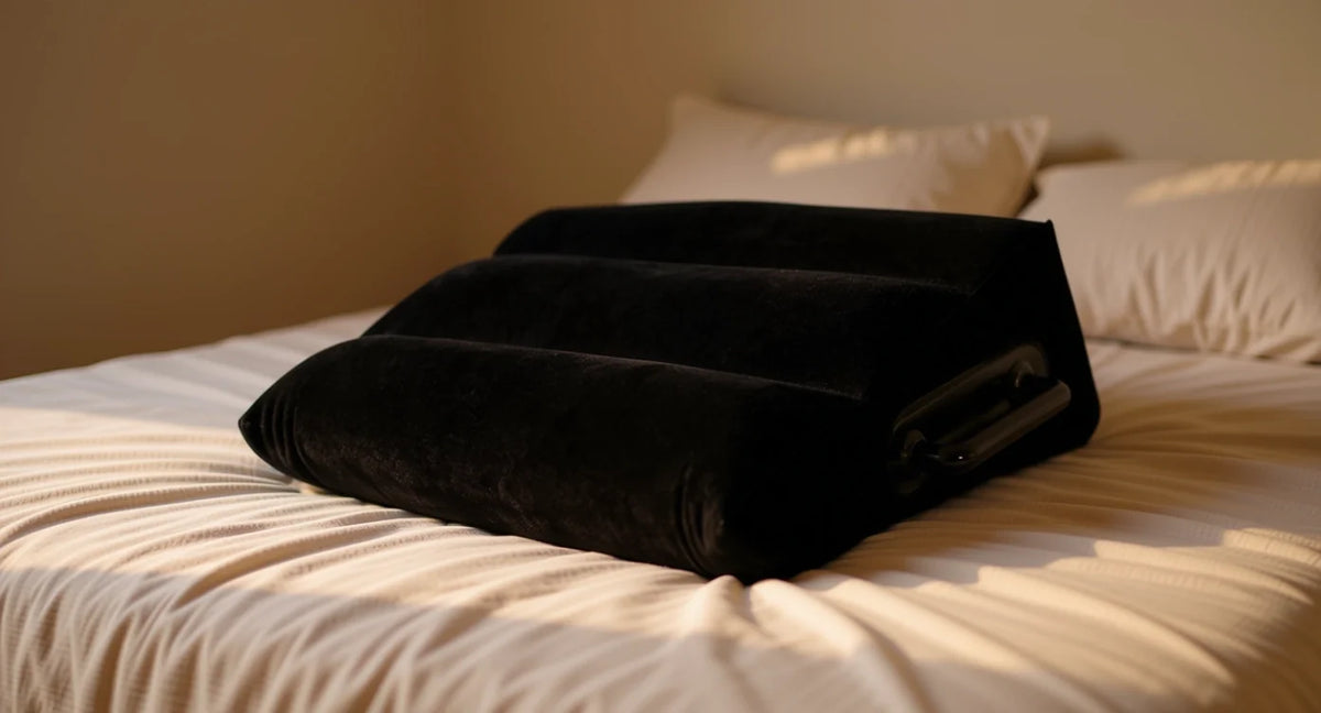 Coussin de position en velours noir à trois bourrelets, poignée latérale, posé prêt à l’emploi sur un lit défait