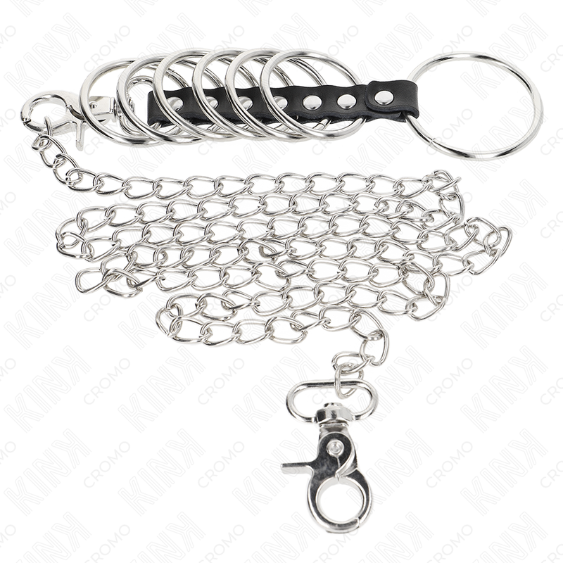 Cockring Set 7 Anneaux Acier Cuir Chaîne 100 cm BDSM - Kink