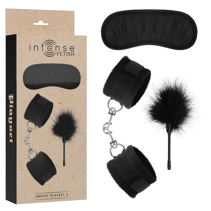 Coffret BDSM Érotique Menottes Bandeau et Tickler Cuir Végan - Intense