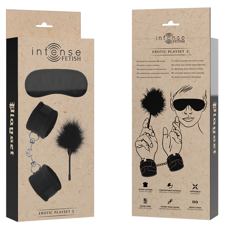 Coffret BDSM Érotique Menottes Bandeau et Tickler Cuir Végan - Intense