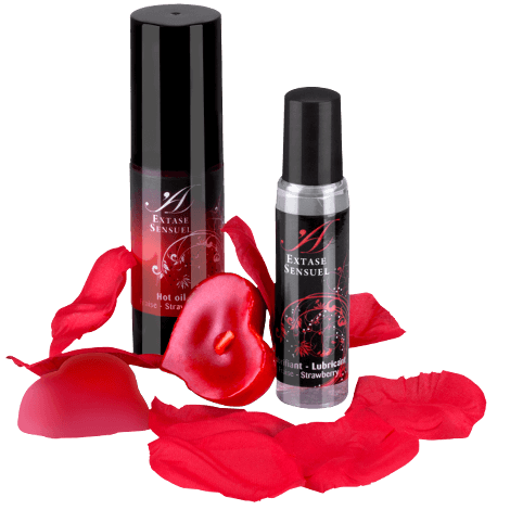 Coffret Cadeau Tentation Rouge Huile Chauffante Gel Fraise Pétales Bougies - Extase Sensual
