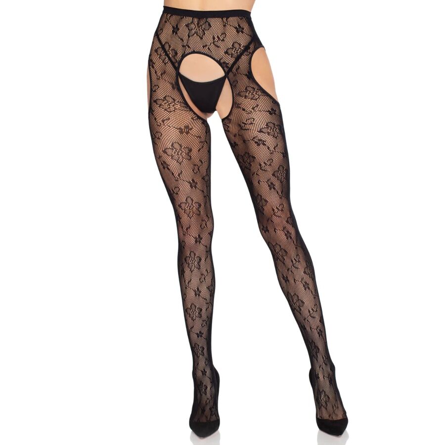 Collants Résille Bloom Motif Floral Entrejambe Ouverte Taille Unique - Leg Avenue