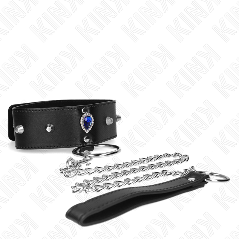 Collier BDSM Bracelet Strass Bleu Ajustable Cuir 65 cm - Kink