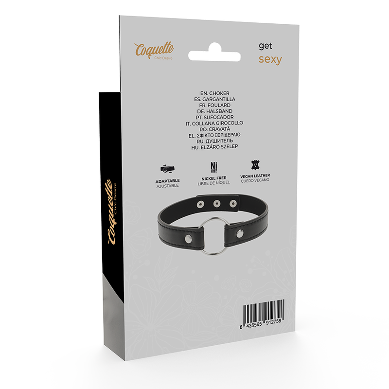 Dos de la boîte du collier Coquette Chic Desire avec pictogrammes réglable et sans nickel