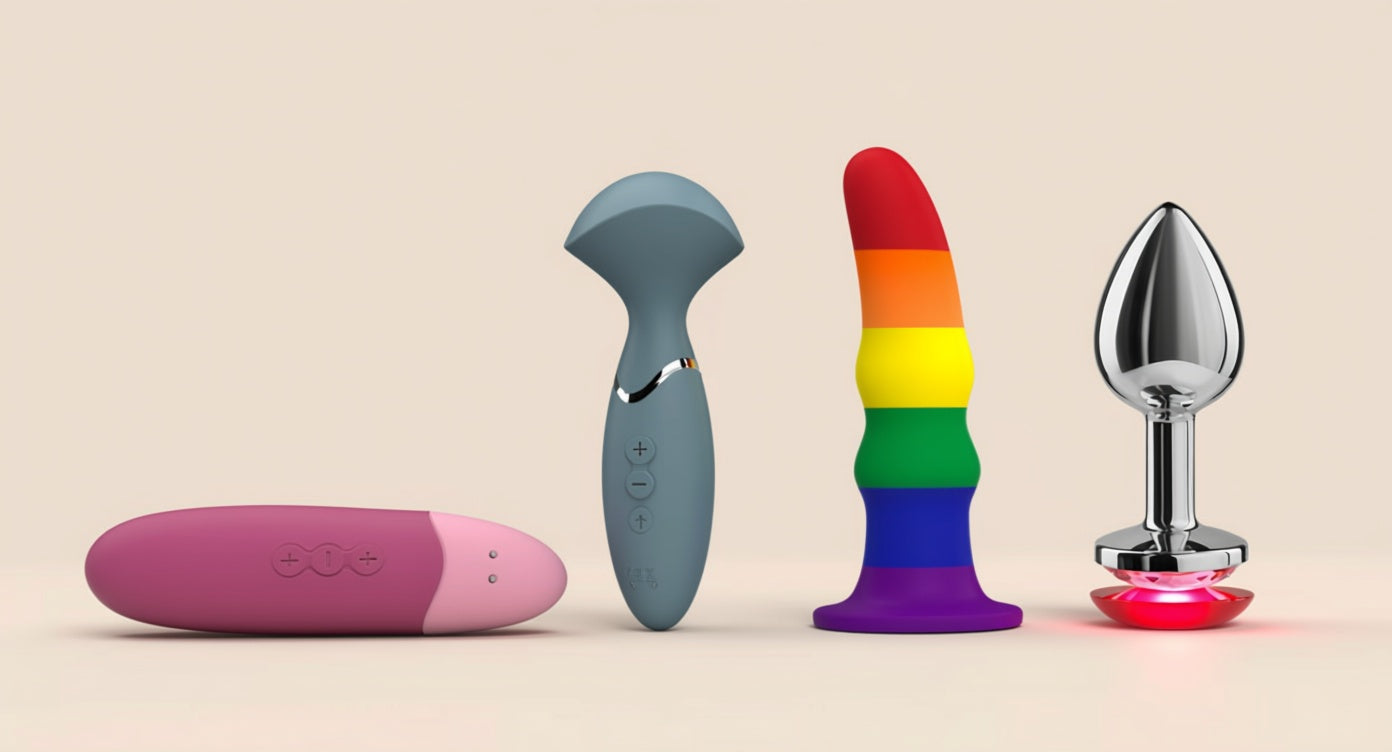 Quatre sextoys posés sur un fond crème : stimulateur clitoridien rose, wand gris-bleu, gode en silicone arc-en-ciel et plug bijou en métal