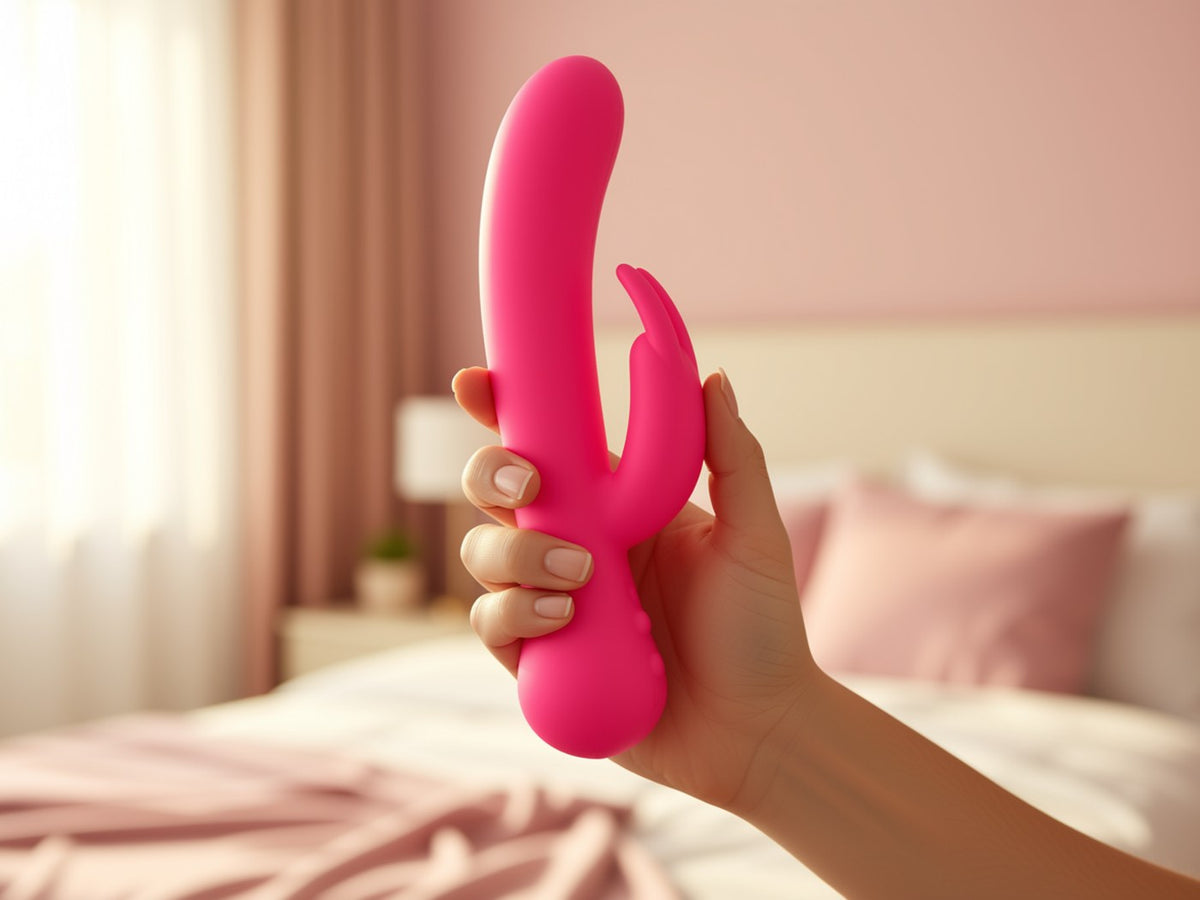 Vibromasseur rabbit en silicone violet tenu dans une main