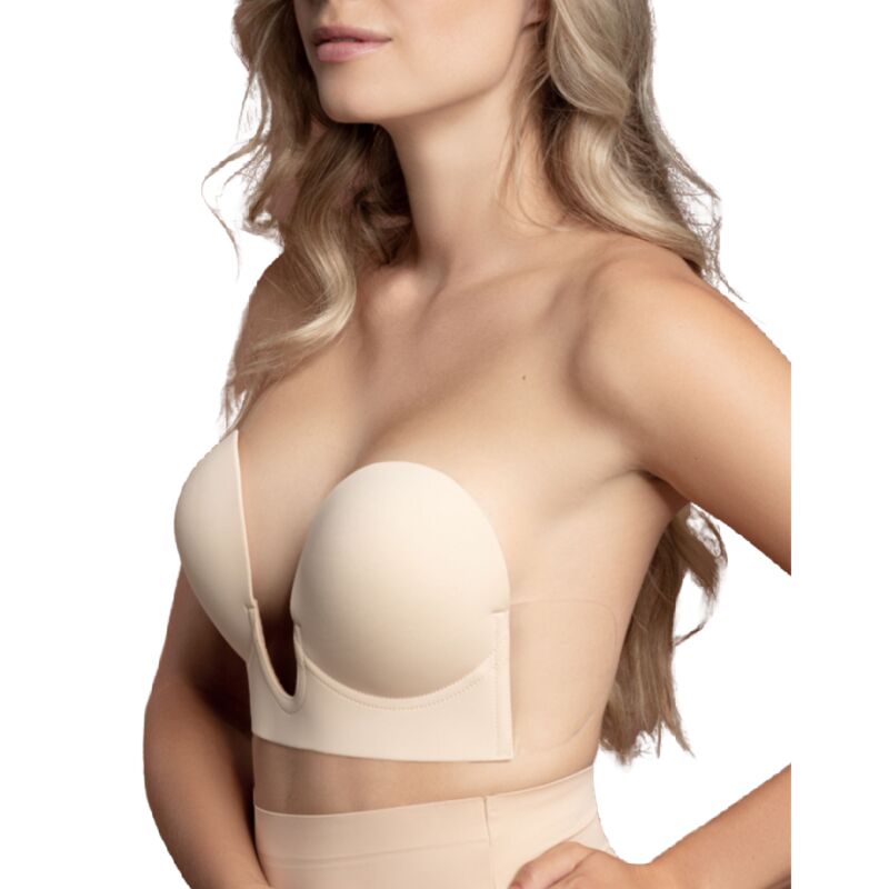Soutien-gorge en U Bye Bra beige de trois quarts, bonnets rapprochés sans bretelles