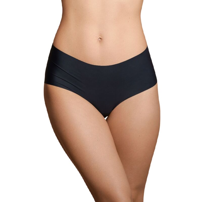 Culotte invisible taille haute Bye Bra noire portée de face sur les hanches