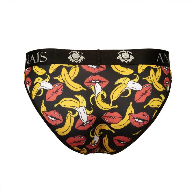 Dos du slip Banana taille L Anais Men à plat, bananes pelées et lèvres sur fond noir