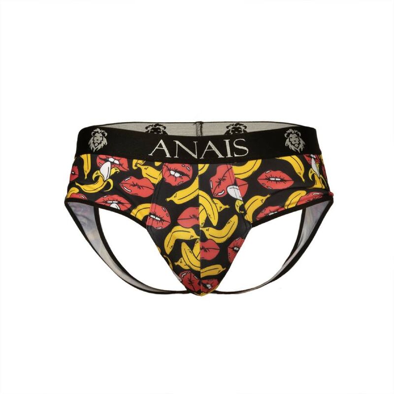Avant du jockstrap Bikini Banana Anais Men à plat, ceinture noire et motif bananes