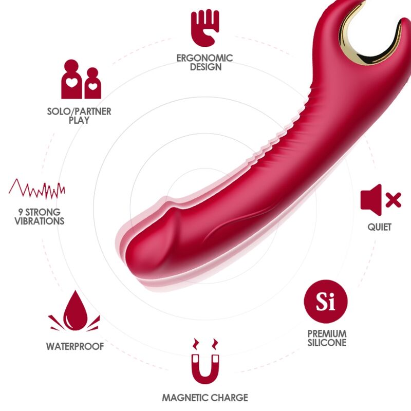 Gode vibrant Prince Armony rouge entouré de pictogrammes étanche et silicone