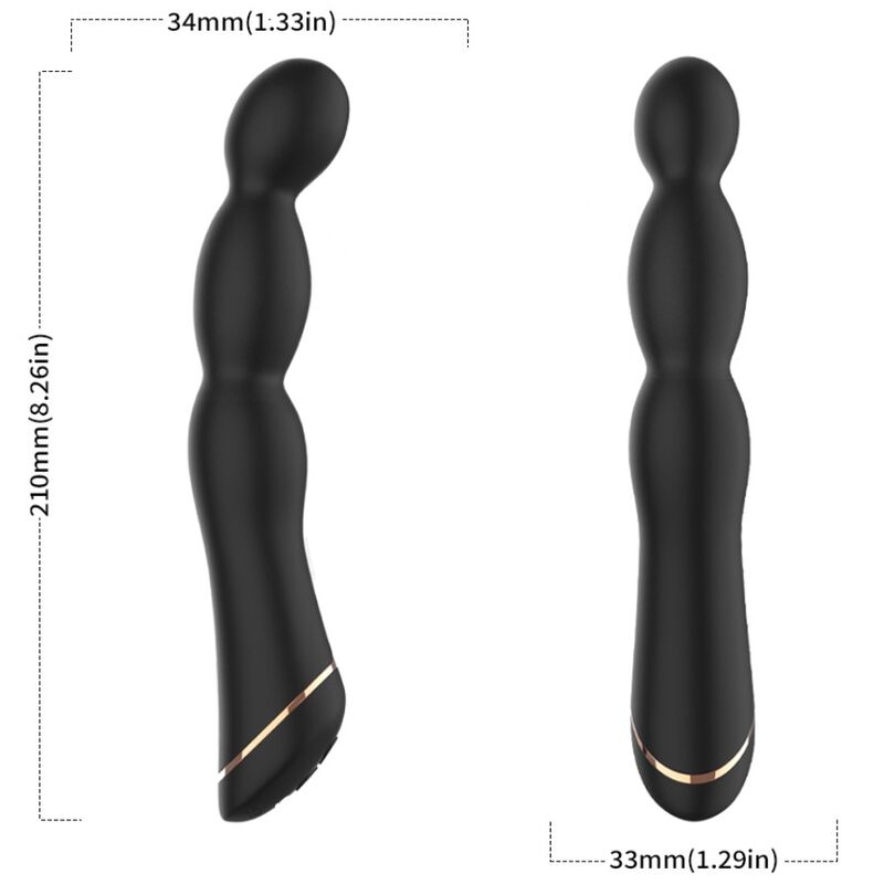 Cotes du vibromasseur Bambu noir d'Armony : 210 mm de long, vues de profil et de face