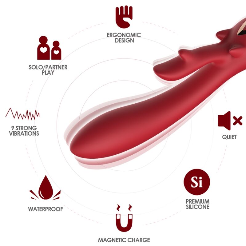 Vibromasseur rabbit Elk rouge d'Armony et pictogrammes : silicone, étanche, recharge