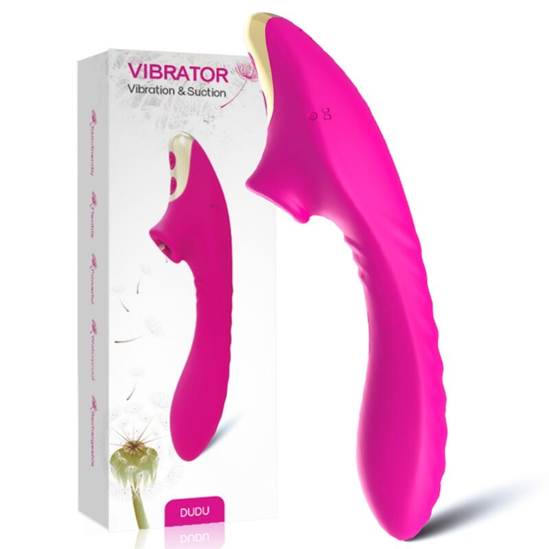 Aspirateur clitoridien Dudu fuchsia d'Armony devant sa boîte Vibration & Suction