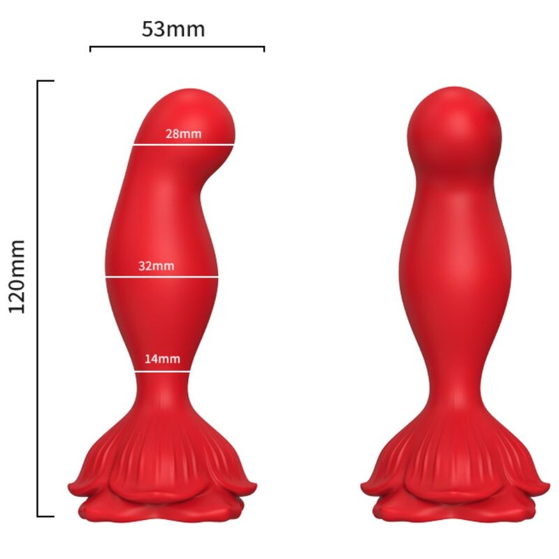 Cotes du plug anal rose Armony : 120 mm de haut, base 53 mm, diamètres 28, 32 et 14 mm