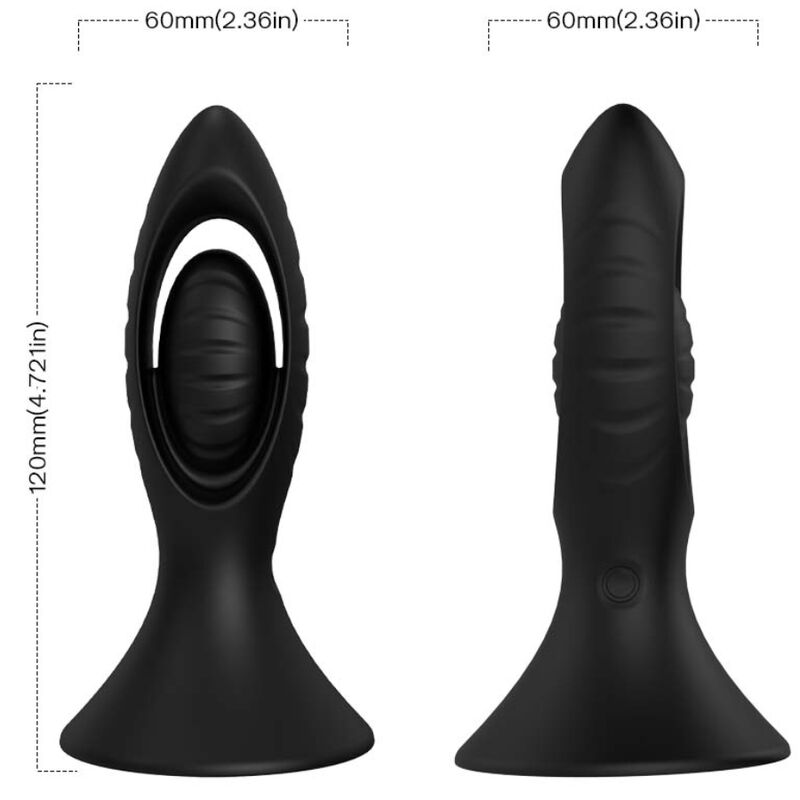 Cotes du plug anal ajouré Armony : 120 mm de hauteur et base de 60 mm, deux profils