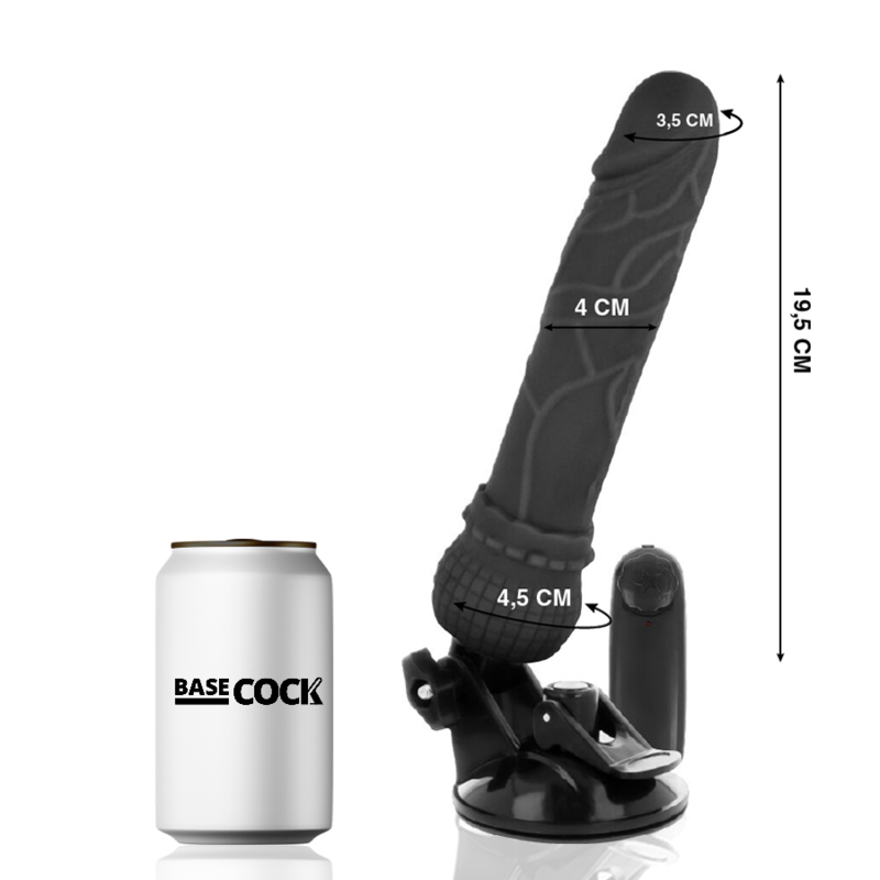 Cotes du gode vibrant Basecock noir de 19,5 cm comparées à une canette