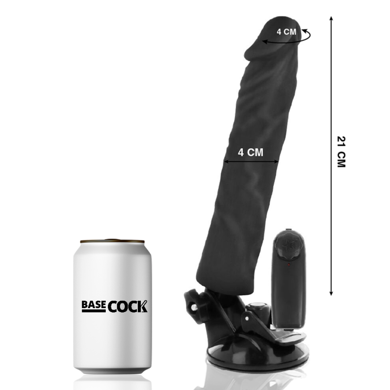 Cotes du gode vibrant Basecock noir de 21 cm comparées à une canette
