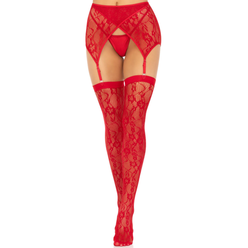 Ensemble bas et porte-jarretelles rouge Leg Avenue porté de face, jambes droites