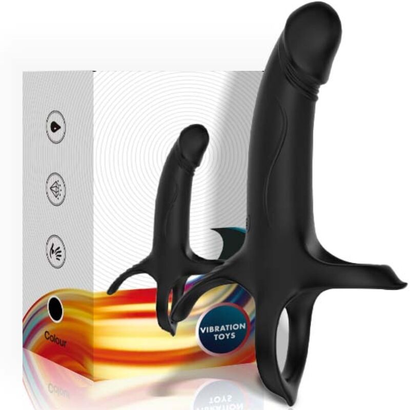 Cockring vibrant double pénétration Armony noir devant sa boîte Vibration Toys