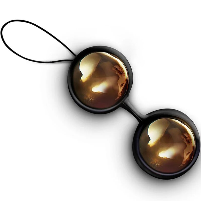 Boules de geisha Luna Beads Luxe de Lelo, deux sphères plaquées or sur support noir