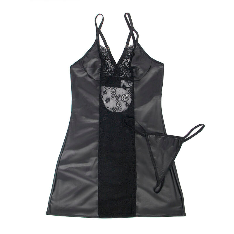 Ensemble Lingerie Robe et String Cuir Noir - Subblime