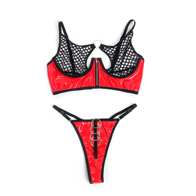 Ensemble Lingerie Soutien-Gorge Zippé String Cuir Verni Résille - Subblime