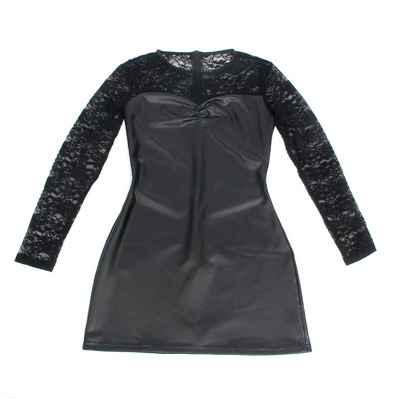Robe Sexy Manches Longues Simili Cuir et Dentelle Noire - Subblime
