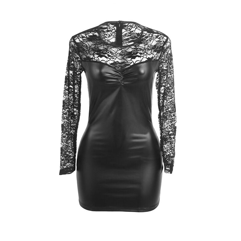 Robe Sexy Manches Longues Simili Cuir et Dentelle Noire - Subblime