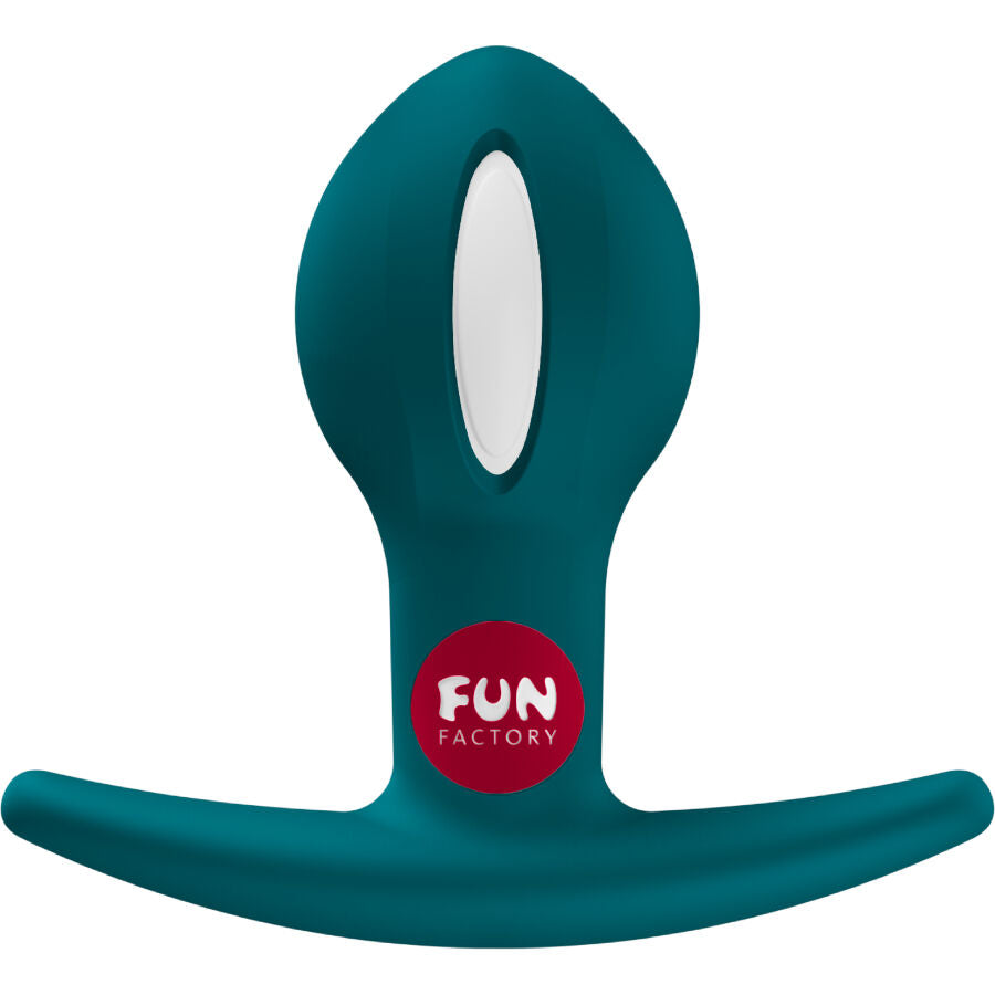 Plug anal B-Ball Uno Fun Factory vert vu de face avec logo rouge sur le col