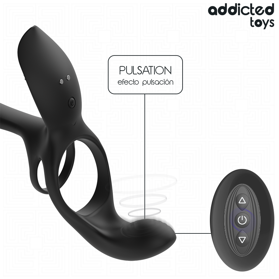 Gros plan de la branche arrière vibrante du cockring Addicted Toys et mode pulsation