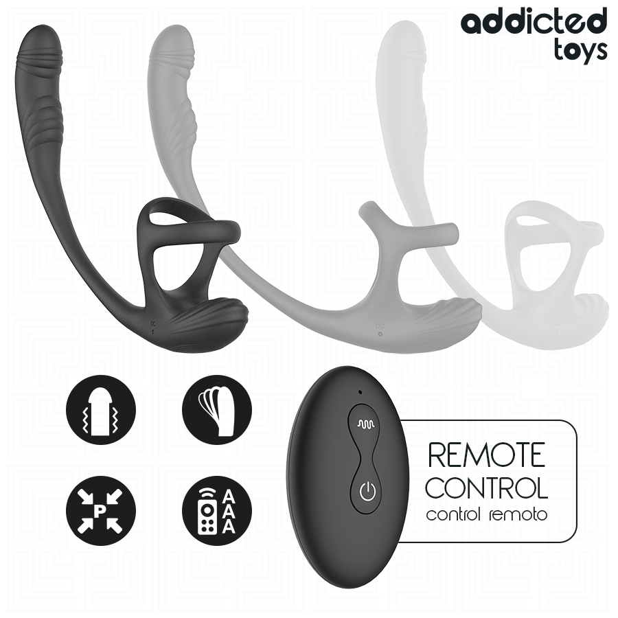 Double anneau et appui périnéal du stimulateur Addicted Toys avec pictogrammes de fonctions