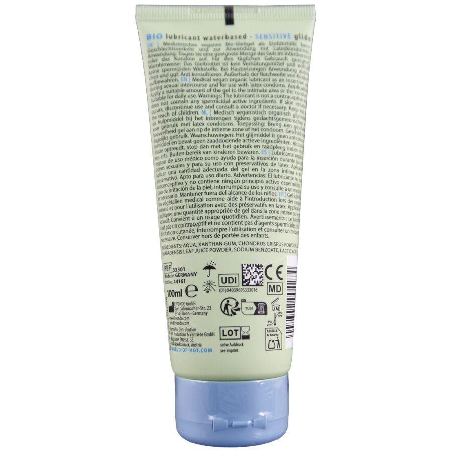 Dos du tube de lubrifiant bio HOT Sensitive avec liste d'ingrédients et mentions