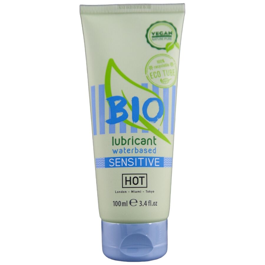 Tube du lubrifiant bio à base d'eau HOT Sensitive 100 ml avec logos vegan et Eco Tube