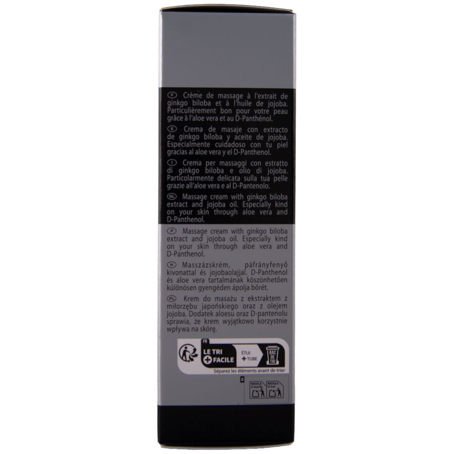 Côté de l'étui de la crème XXL de Hot, crème de massage au ginkgo et au jojoba