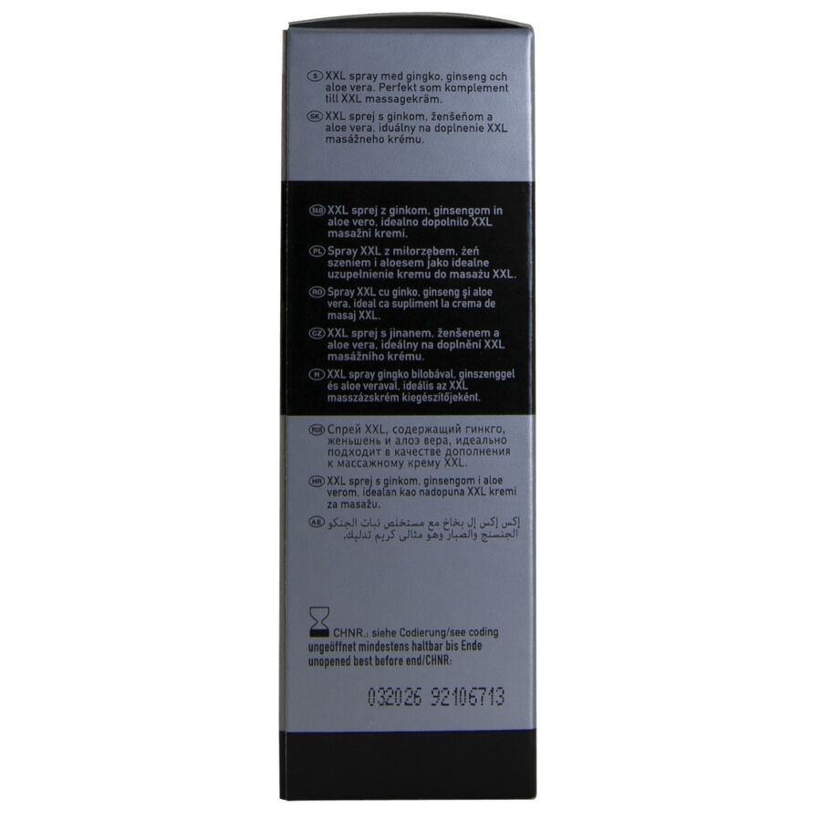 Côté de l'étui du spray intime XXL de Hot, descriptif multilingue et date limite