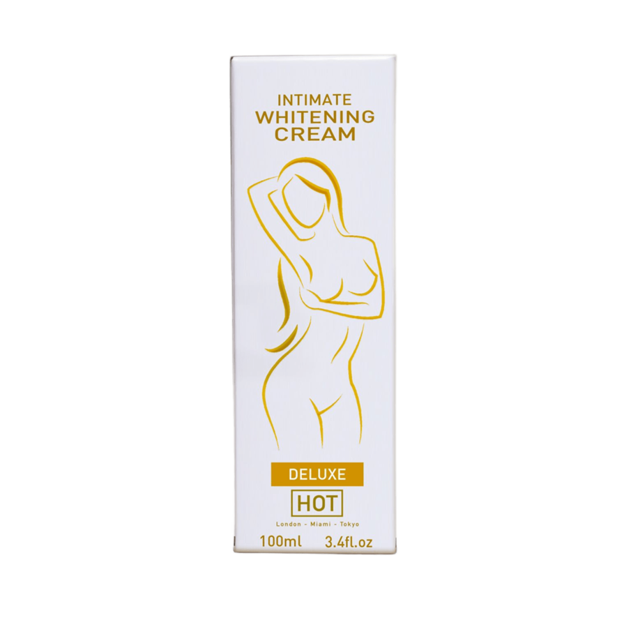 Étui blanc et doré de la crème éclaircissante intime Deluxe de Hot, vu de face
