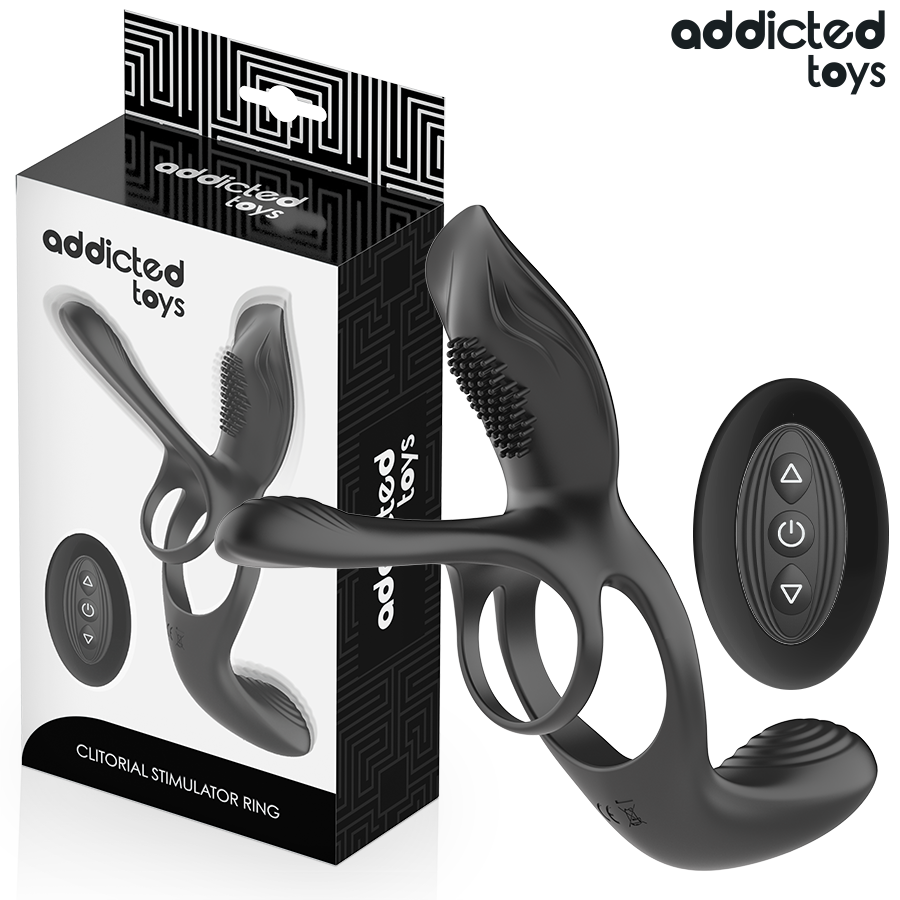 Cockring vibrant double anneau Addicted Toys devant sa boîte, avec sa télécommande