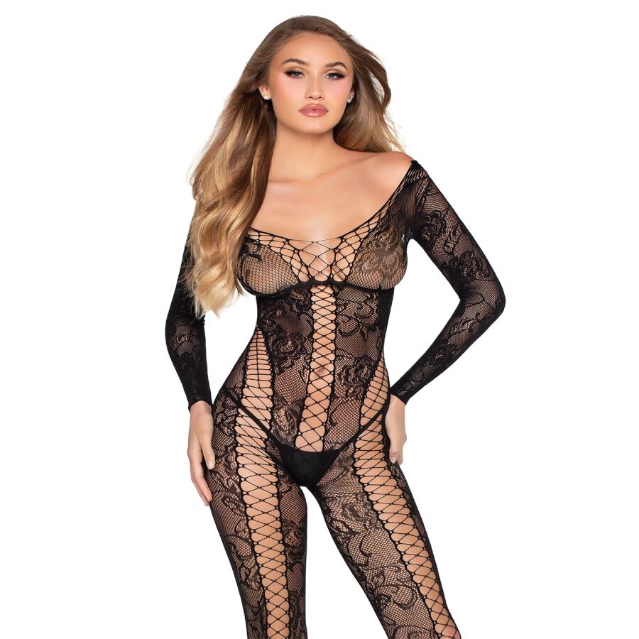 Bodystocking dentelle et résille noir Leg Avenue à manches longues, vue de face