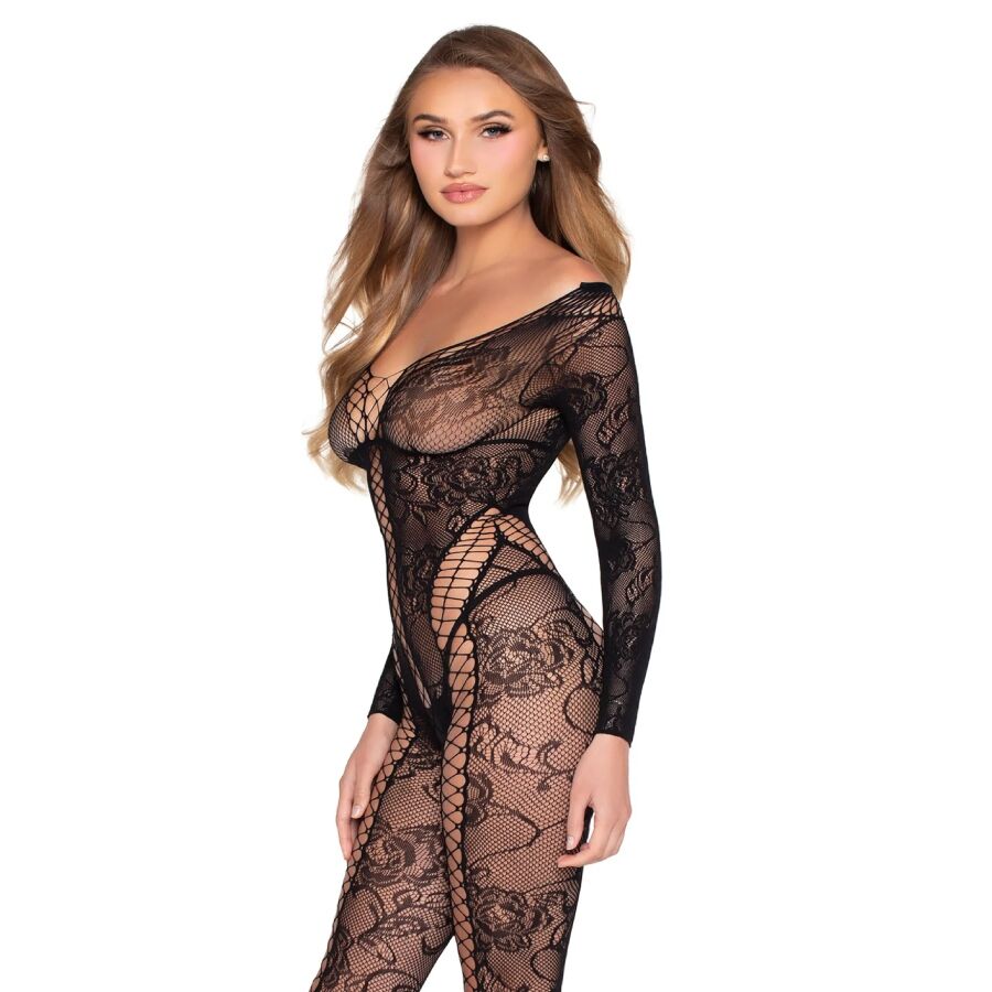 Bodystocking Leg Avenue porté de trois quarts, épaules dénudées et dentelle
