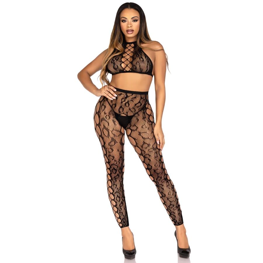 Ensemble Crop Top et Collants Sans Entrejambe Effet Léopard - Leg Avenue