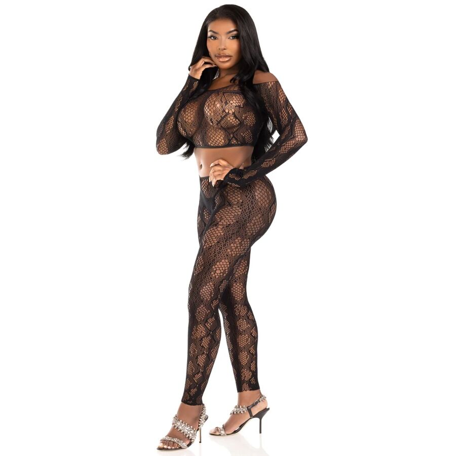 Ensemble Lingerie Crop Top et Legging Motif Python Résille Taille Unique - Leg Avenue
